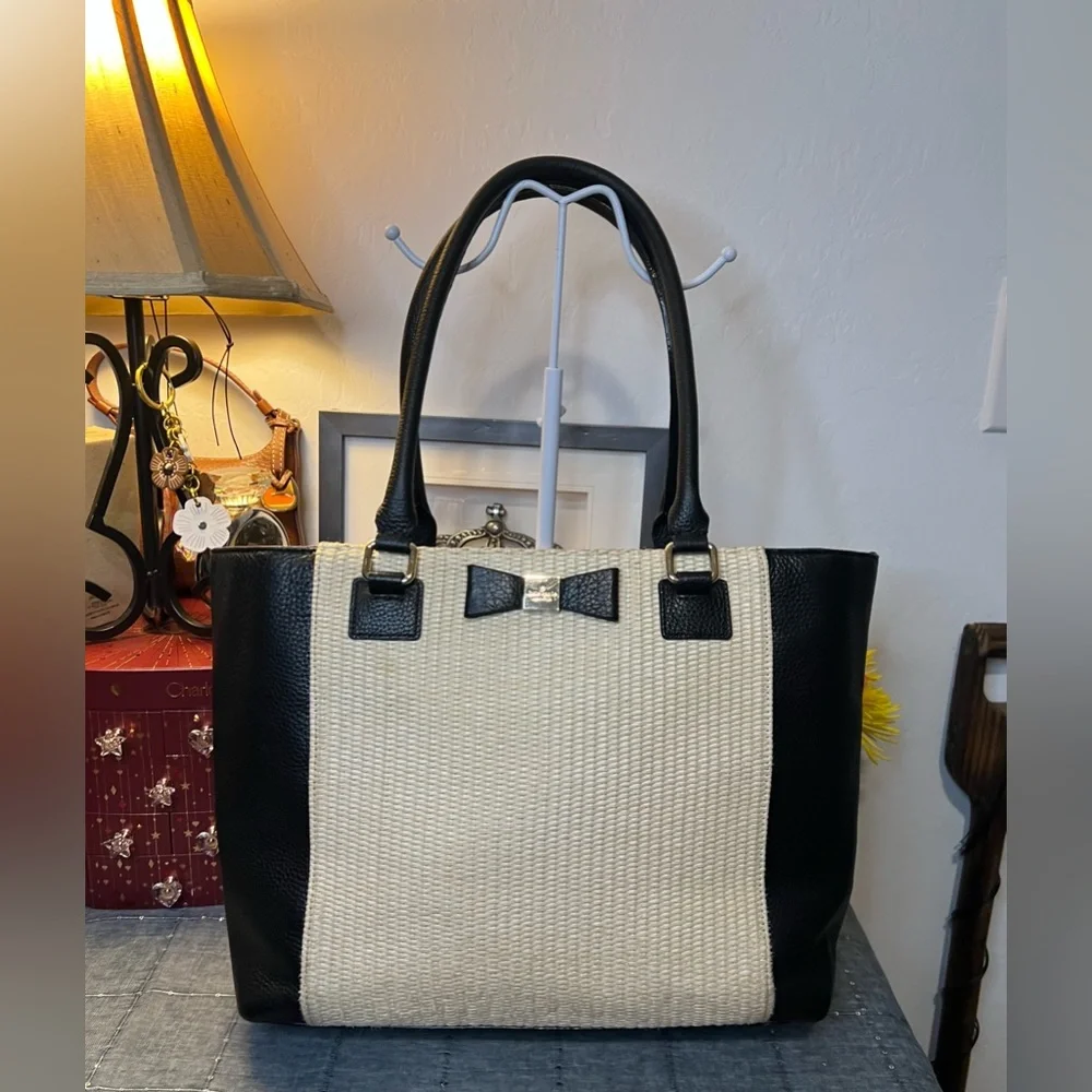 Kate Spade NY Renny Drive Francis straw & black leather Tote Shoulder Bag w Bow